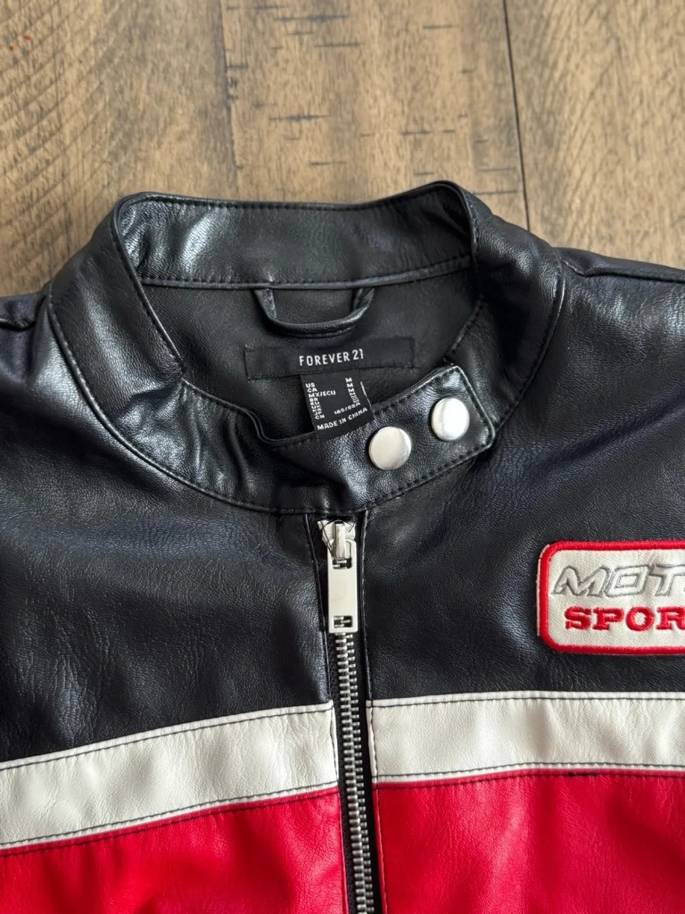 Forever 21 Black, Red & White Leather-Style Racing Jacket